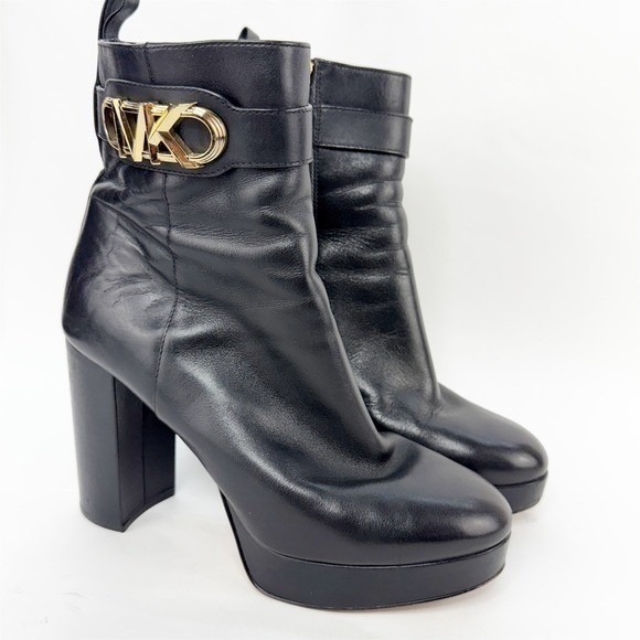 Michael Kors Black Leather Platform Ankle Boots Mk Logo Buckle Block Heel